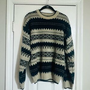 👑 VINTAGE SIZE L Men's Patterned Crewneck Sweater - Black and Cream